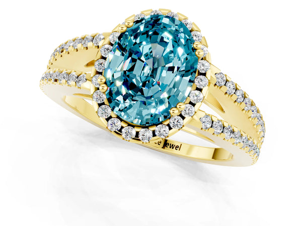 Yellow gold Oval Cut Blue Topaz Halo Split Shank Engagement Ring