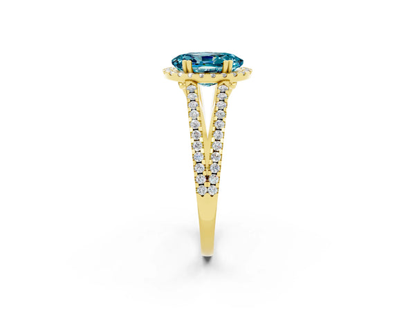 Yellow gold Oval Cut Blue Topaz Halo Split Shank Engagement Ring