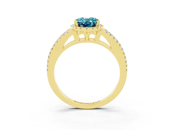 Yellow gold Oval Cut Blue Topaz Halo Split Shank Engagement Ring
