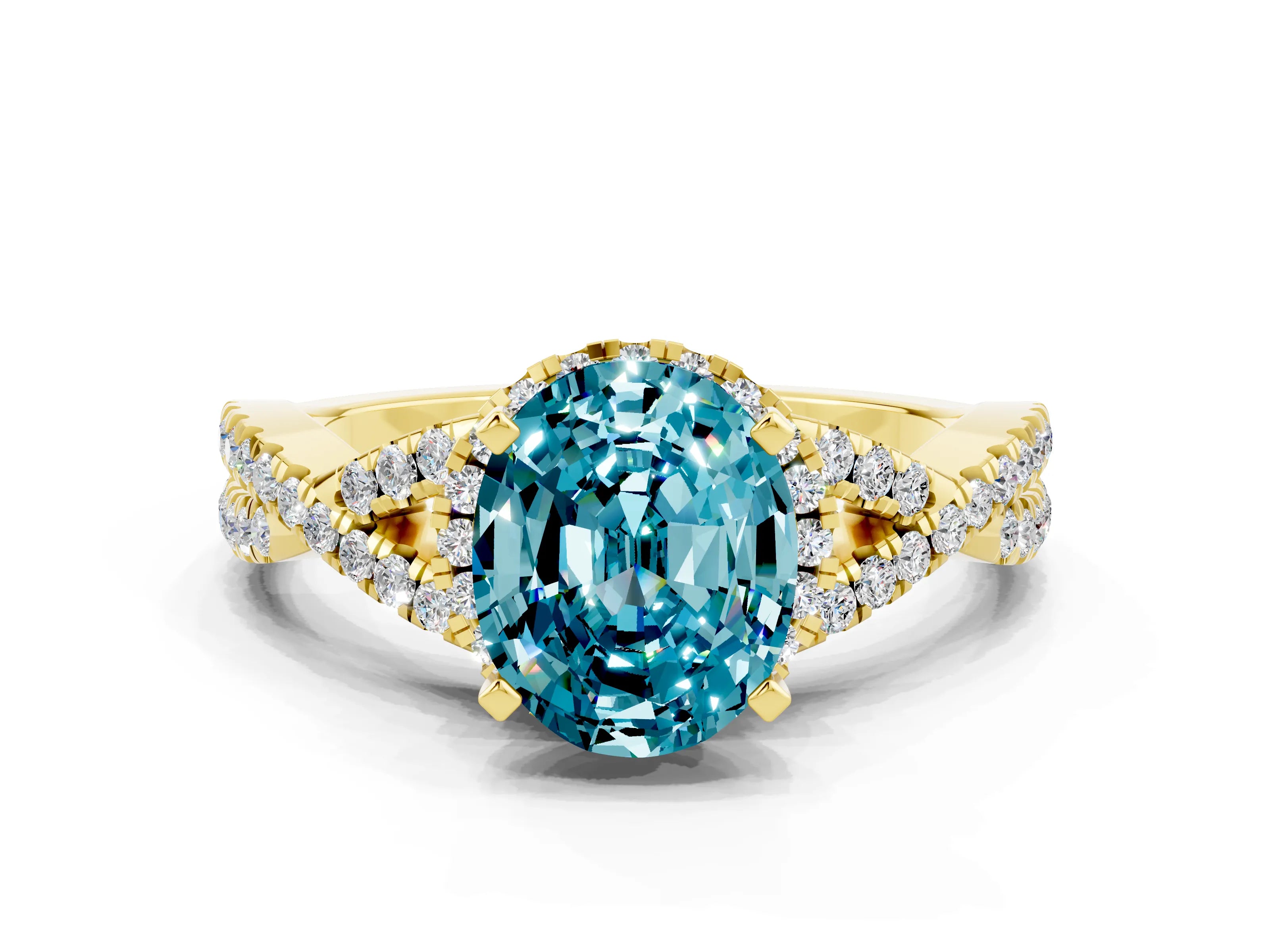 Yellow gold Oval Cut Blue Topaz Halo Twist Band Solitaire Prong Setting Ring