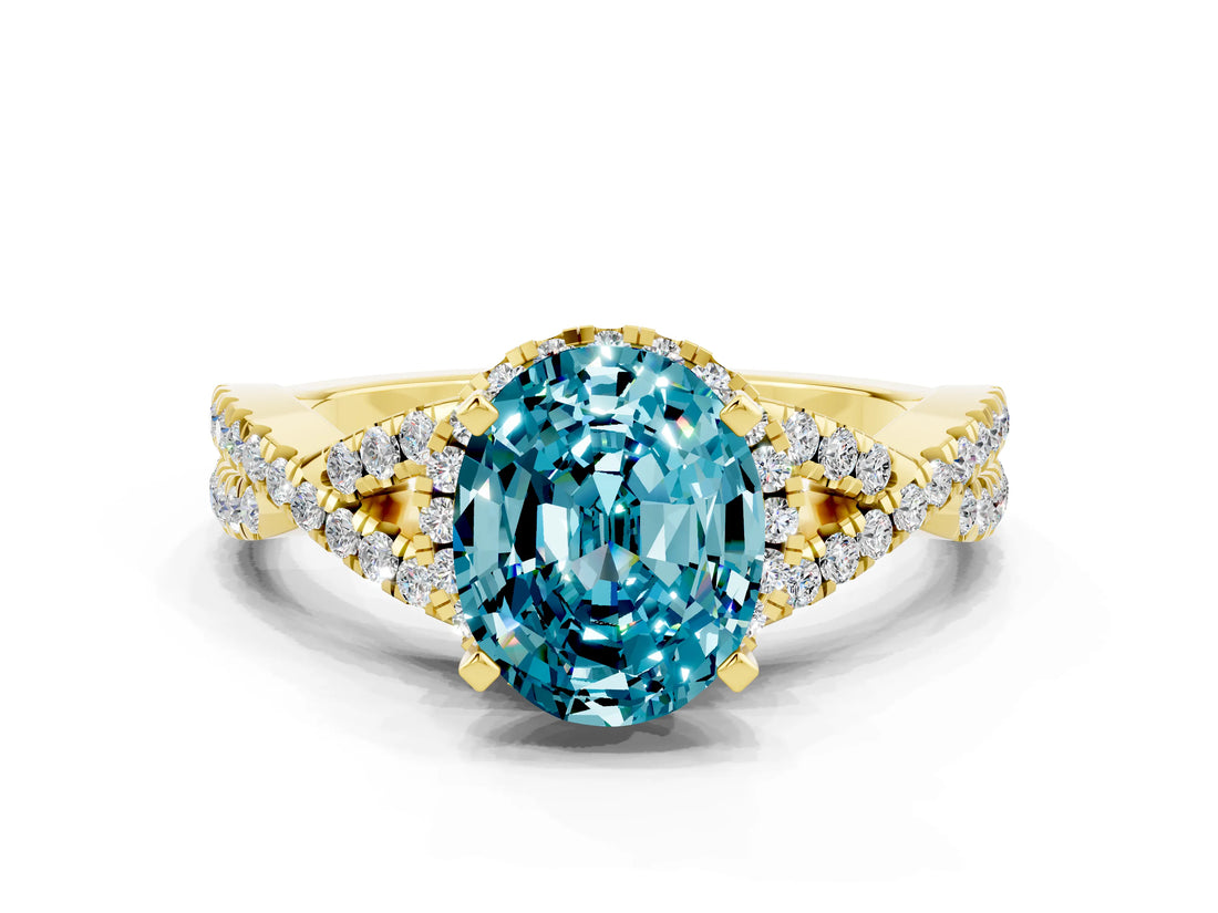 Yellow gold Oval Cut Blue Topaz Halo Twist Band Solitaire Prong Setting Ring
