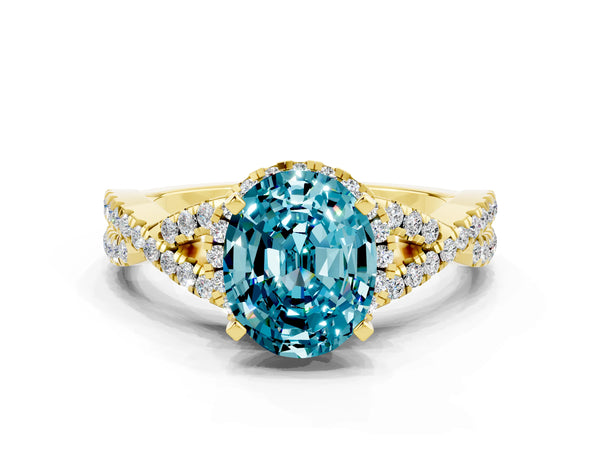 Yellow gold Oval Cut Blue Topaz  Halo Twist Band Solitaire Prong Setting Ring