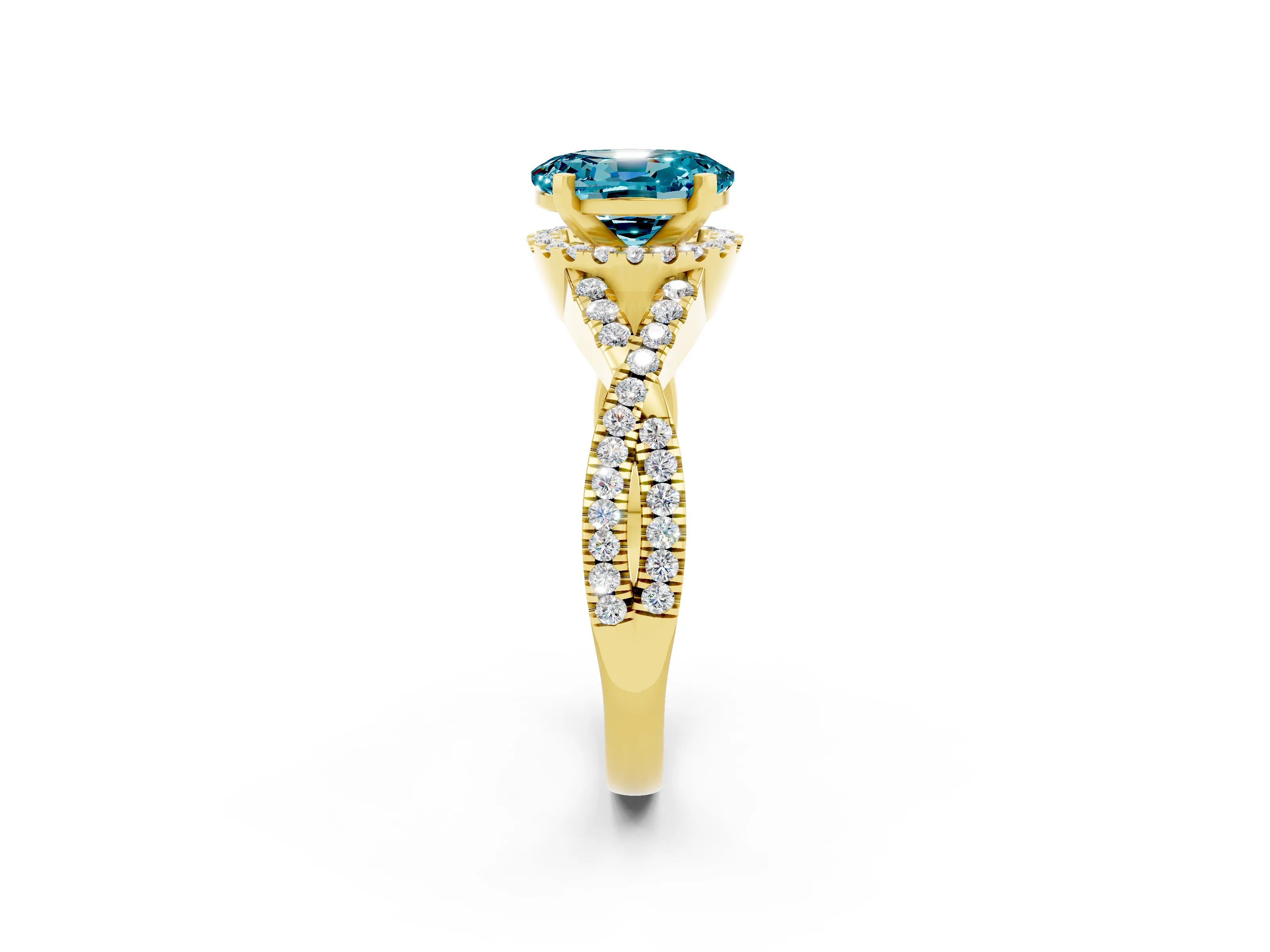 Yellow gold Oval Cut Blue Topaz Halo Twist Band Solitaire Prong Setting Ring_2
