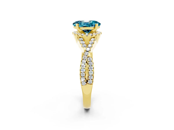 Yellow gold Oval Cut Blue Topaz  Halo Twist Band Solitaire Prong Setting Ring
