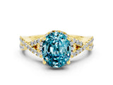 Yellow gold Oval Cut Blue Topaz  Halo Twist Band Solitaire Prong Setting Ring_24
