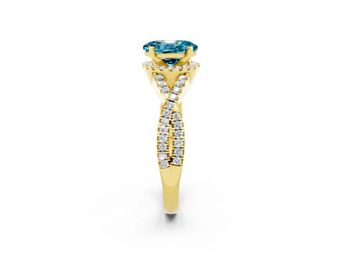 Yellow gold Oval Cut Blue Topaz Halo Twist Band Solitaire Prong Setting Ring_2