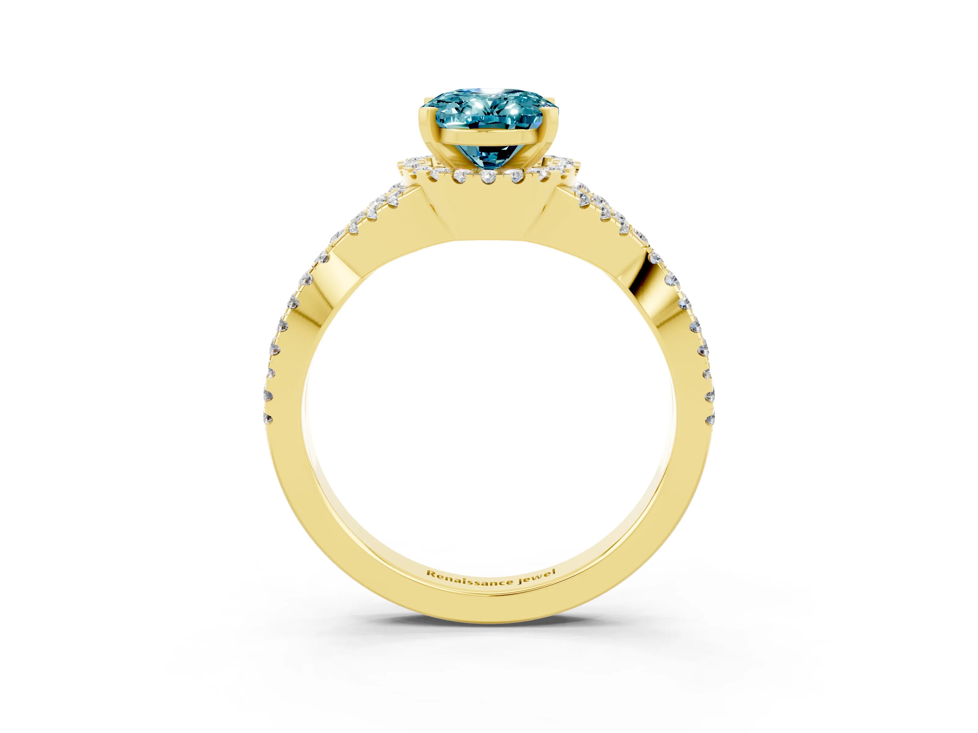 Yellow gold Oval Cut Blue Topaz Halo Twist Band Solitaire Prong Setting Ring_3