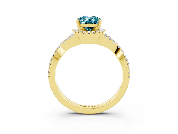 Yellow gold Oval Cut Blue Topaz  Halo Twist Band Solitaire Prong Setting Ring