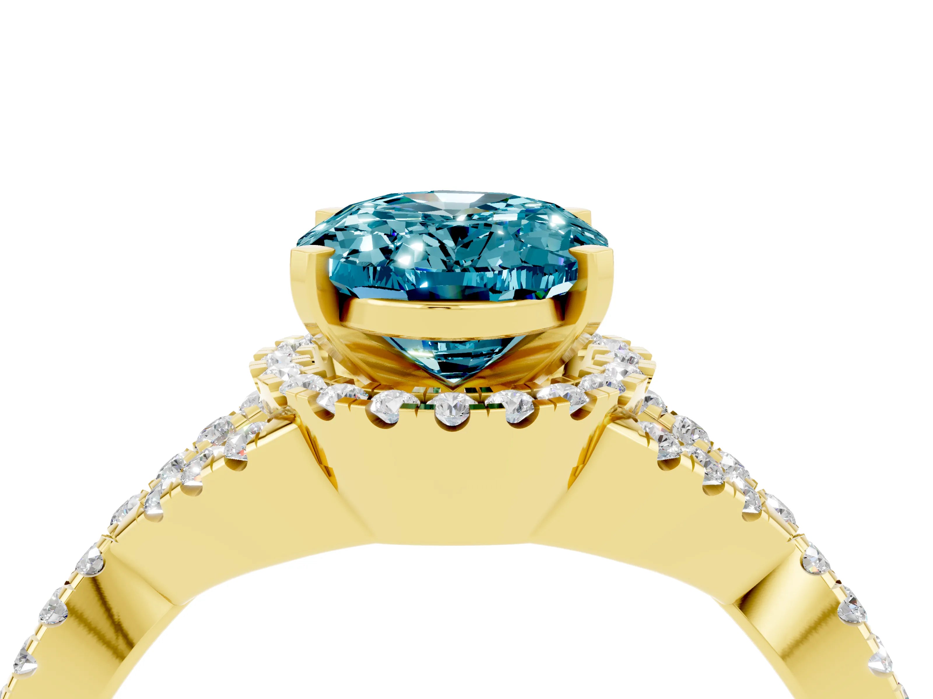 Yellow gold Oval Cut Blue Topaz Halo Twist Band Solitaire Prong Setting Ring_4