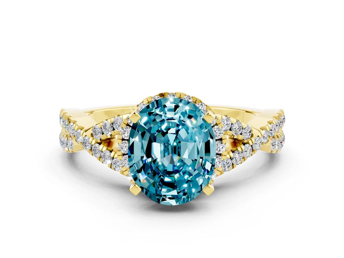 Yellow gold Oval Cut Blue Topaz  Halo Twist Band Solitaire Prong Setting Ring_42