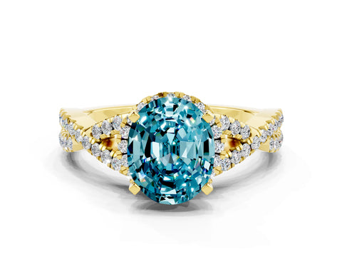 Yellow gold Oval Cut Blue Topaz Halo Twist Band Solitaire Prong Setting Ring