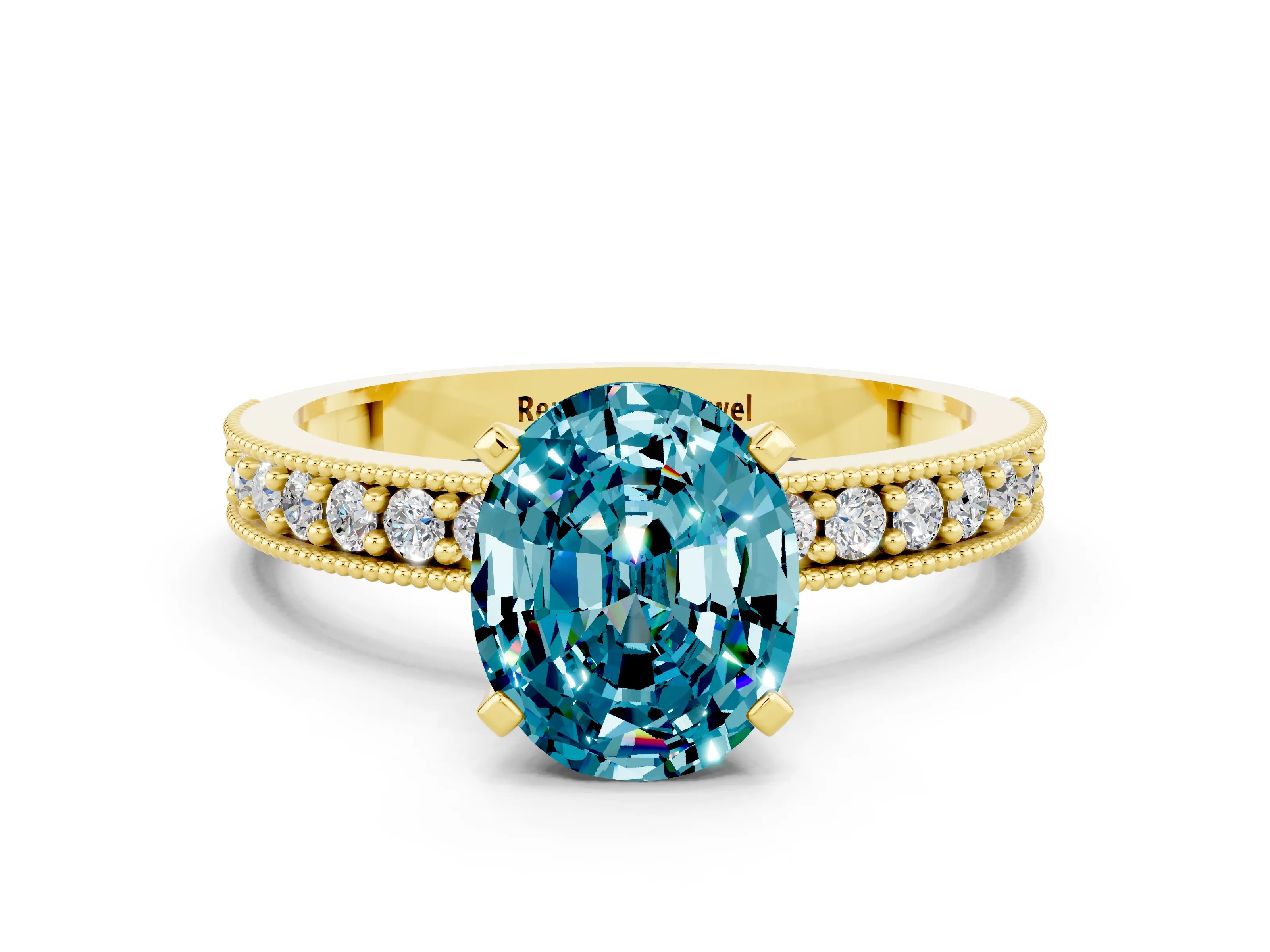 Yellow gold Oval Cut Blue Topaz Milgrain Pavé Engagement Ring with Four-Prong Setting_12