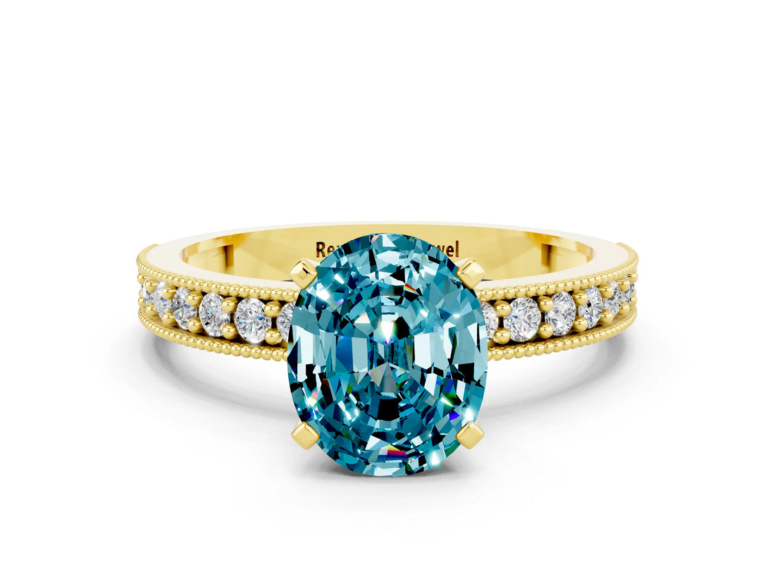 Yellow gold Oval Cut Blue Topaz Milgrain Pavé Engagement Ring with Four-Prong Setting_12