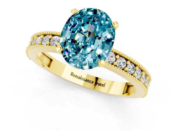 Yellow gold Oval Cut Blue Topaz Milgrain Pavé Engagement Ring with Four-Prong Setting