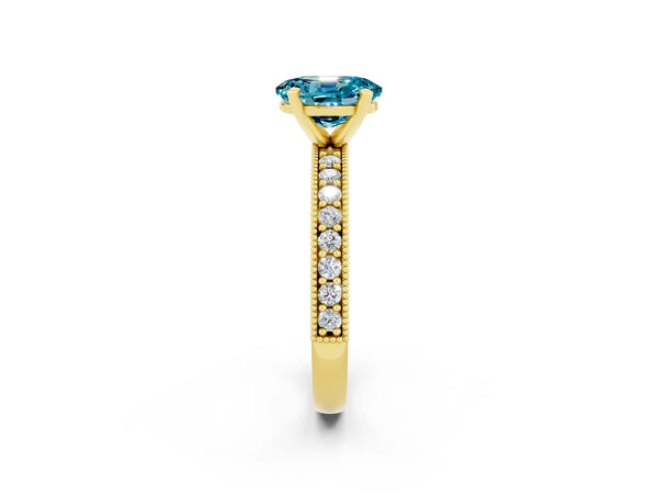 Yellow gold Oval Cut Blue Topaz Milgrain Pavé Engagement Ring with Four-Prong Setting