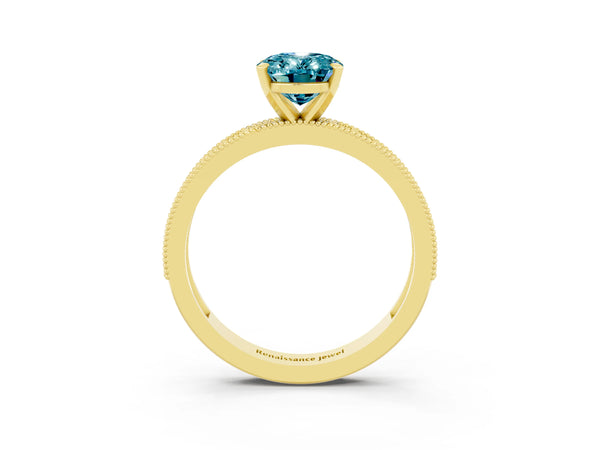 Yellow gold Oval Cut Blue Topaz Milgrain Pavé Engagement Ring with Four-Prong Setting