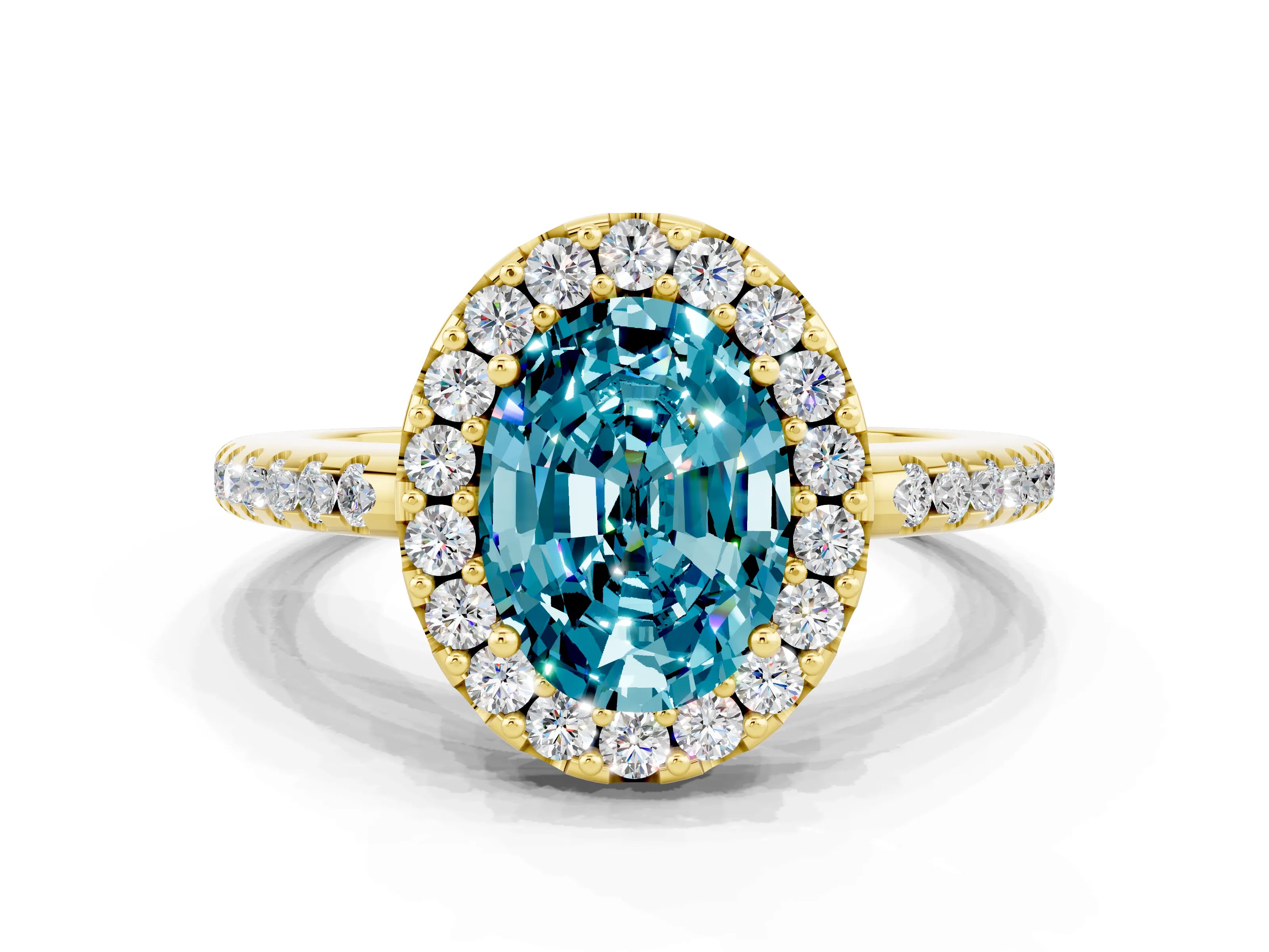 Yellow gold Oval Cut Blue Topaz Pavé Halo Ring with Four-Prong Setting_12