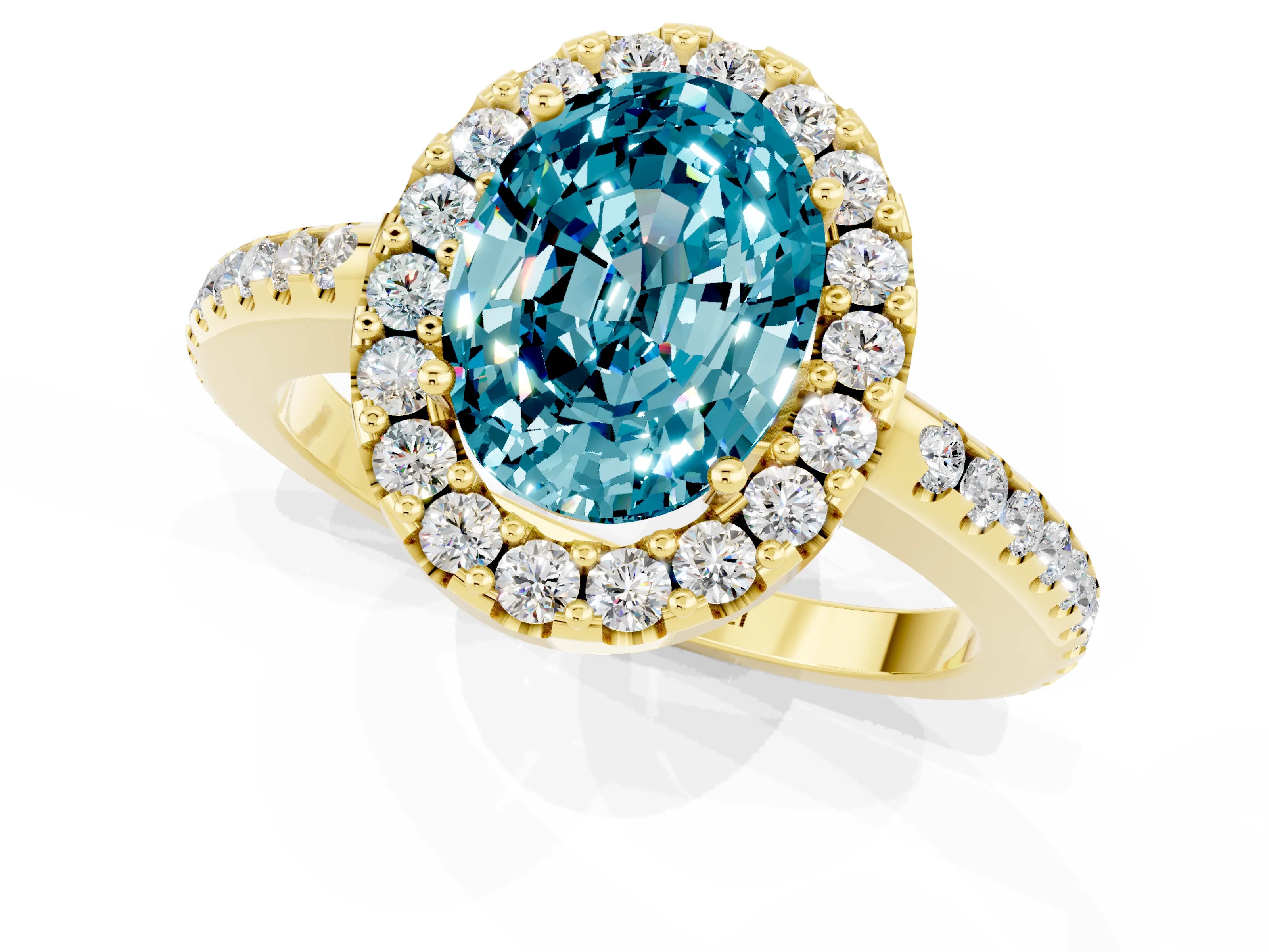 Yellow gold Oval Cut Blue Topaz Pavé Halo Ring with Four-Prong Setting_13