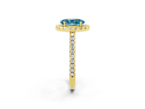 Yellow gold Oval Cut Blue Topaz Pavé Halo Ring with Four-Prong Setting