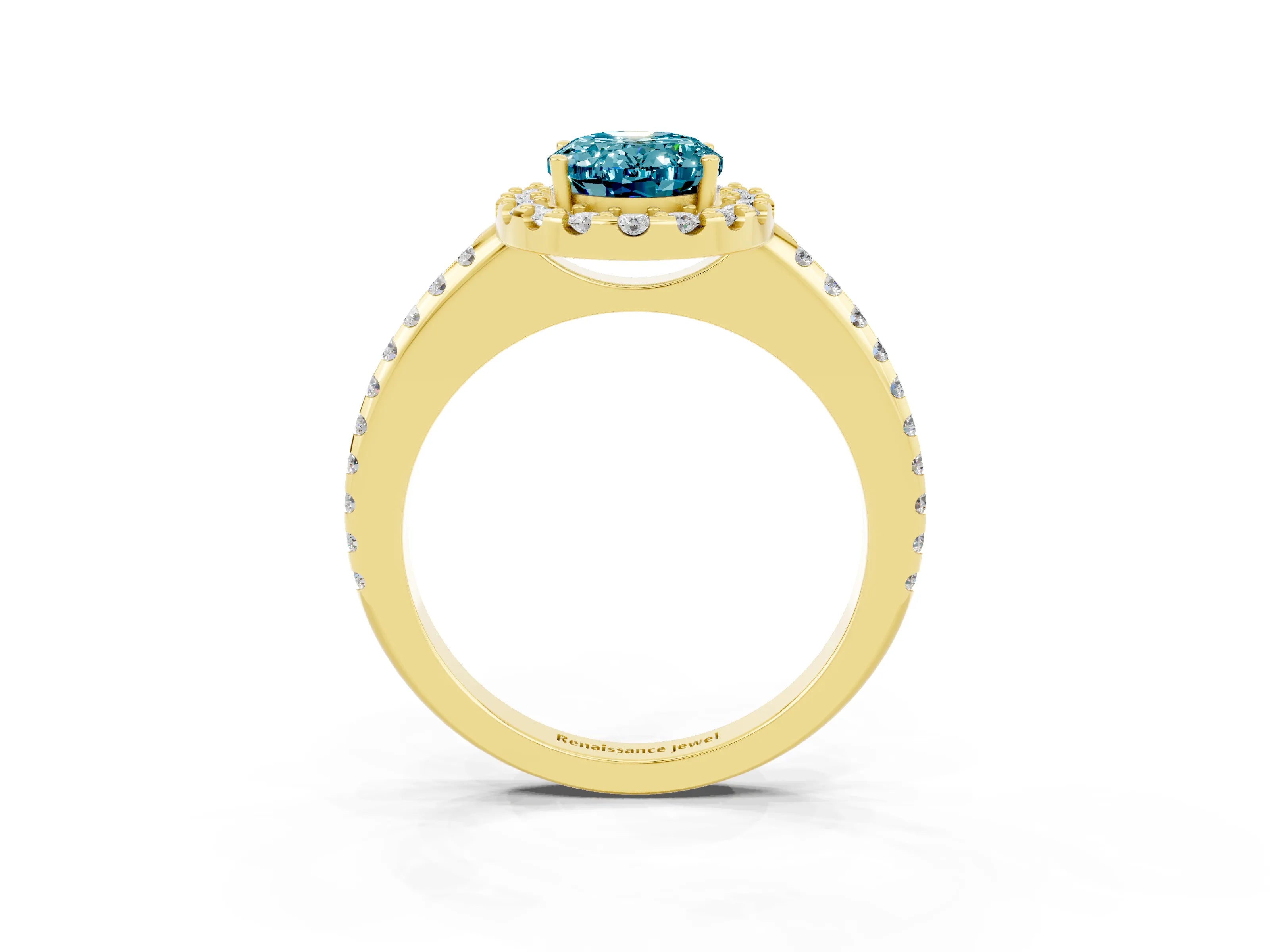Yellow gold Oval Cut Blue Topaz Pavé Halo Ring with Four-Prong Setting_15