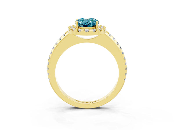 Yellow gold Oval Cut Blue Topaz Pavé Halo Ring with Four-Prong Setting