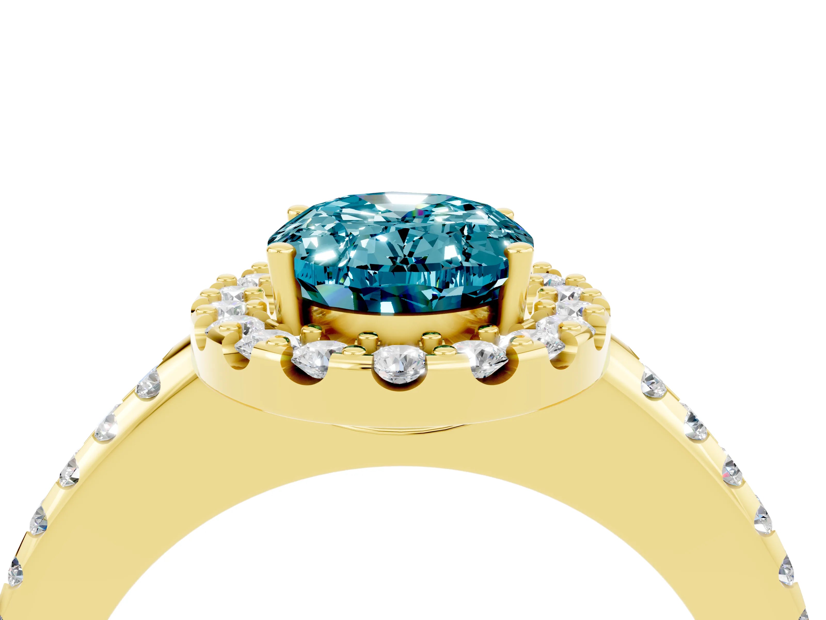 Yellow gold Oval Cut Blue Topaz Pavé Halo Ring with Four-Prong Setting_16