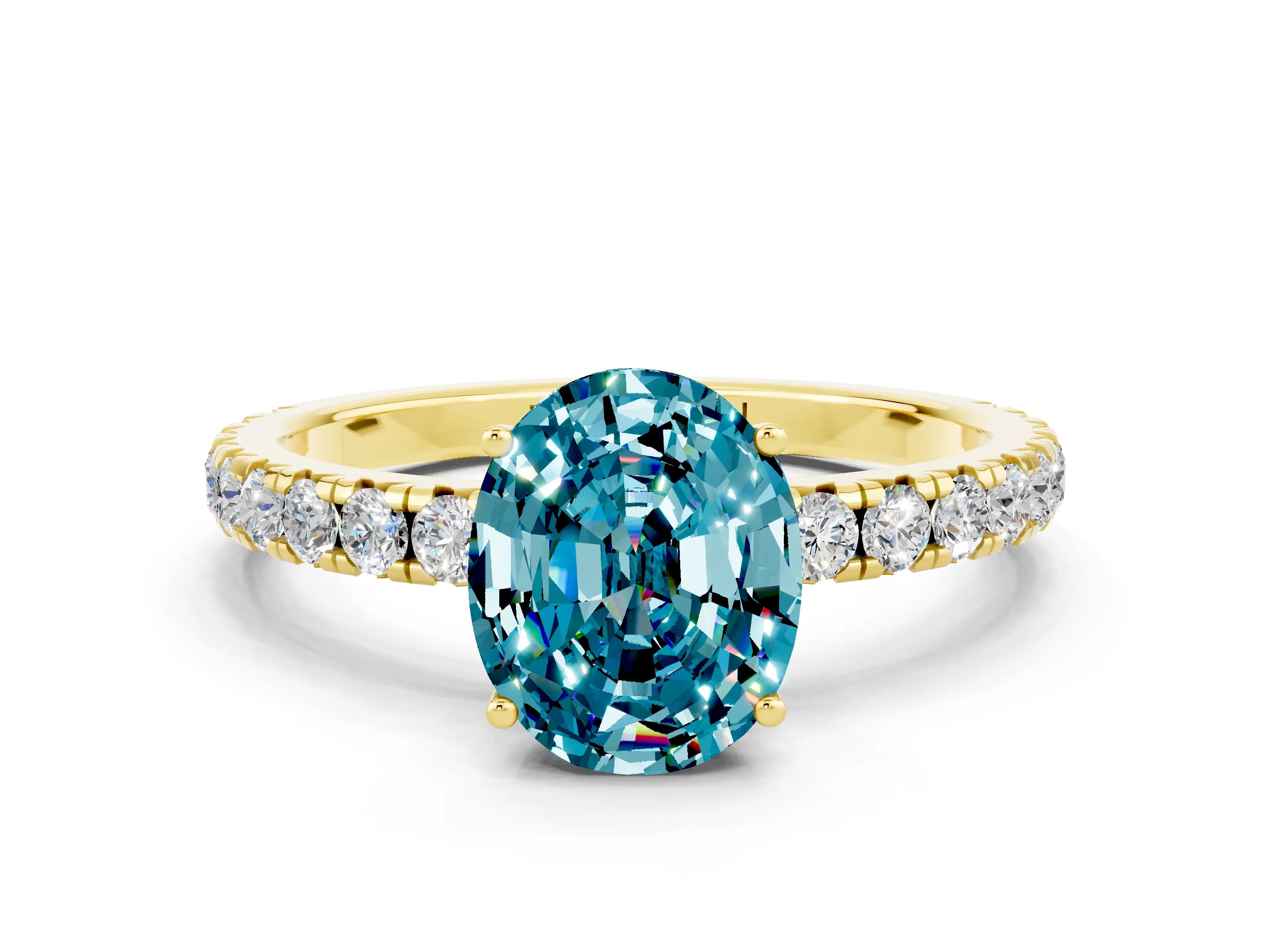 Yellow gold Oval Cut Blue Topaz Pavé Solitaire Engagement Ring with Four-Prong Setting_12