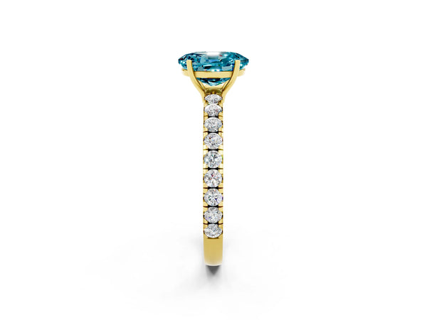 Yellow gold Oval Cut Blue Topaz Pavé Solitaire Engagement Ring with Four-Prong Setting