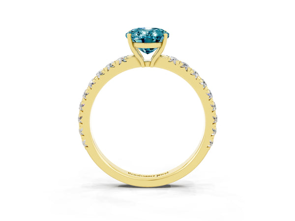 Yellow gold Oval Cut Blue Topaz Pavé Solitaire Engagement Ring with Four-Prong Setting