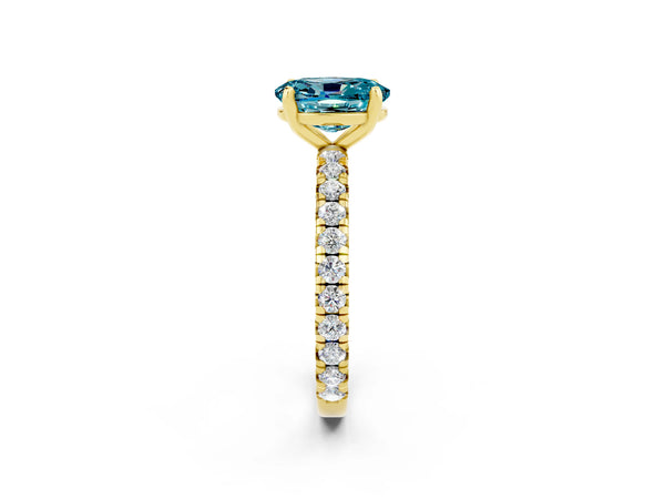 Yellow gold Oval Cut Blue Topaz Pavé Solitaire Ring with Round Band and Prong Setting