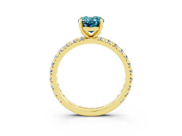 Yellow gold Oval Cut Blue Topaz Pavé Solitaire Ring with Round Band and Prong Setting