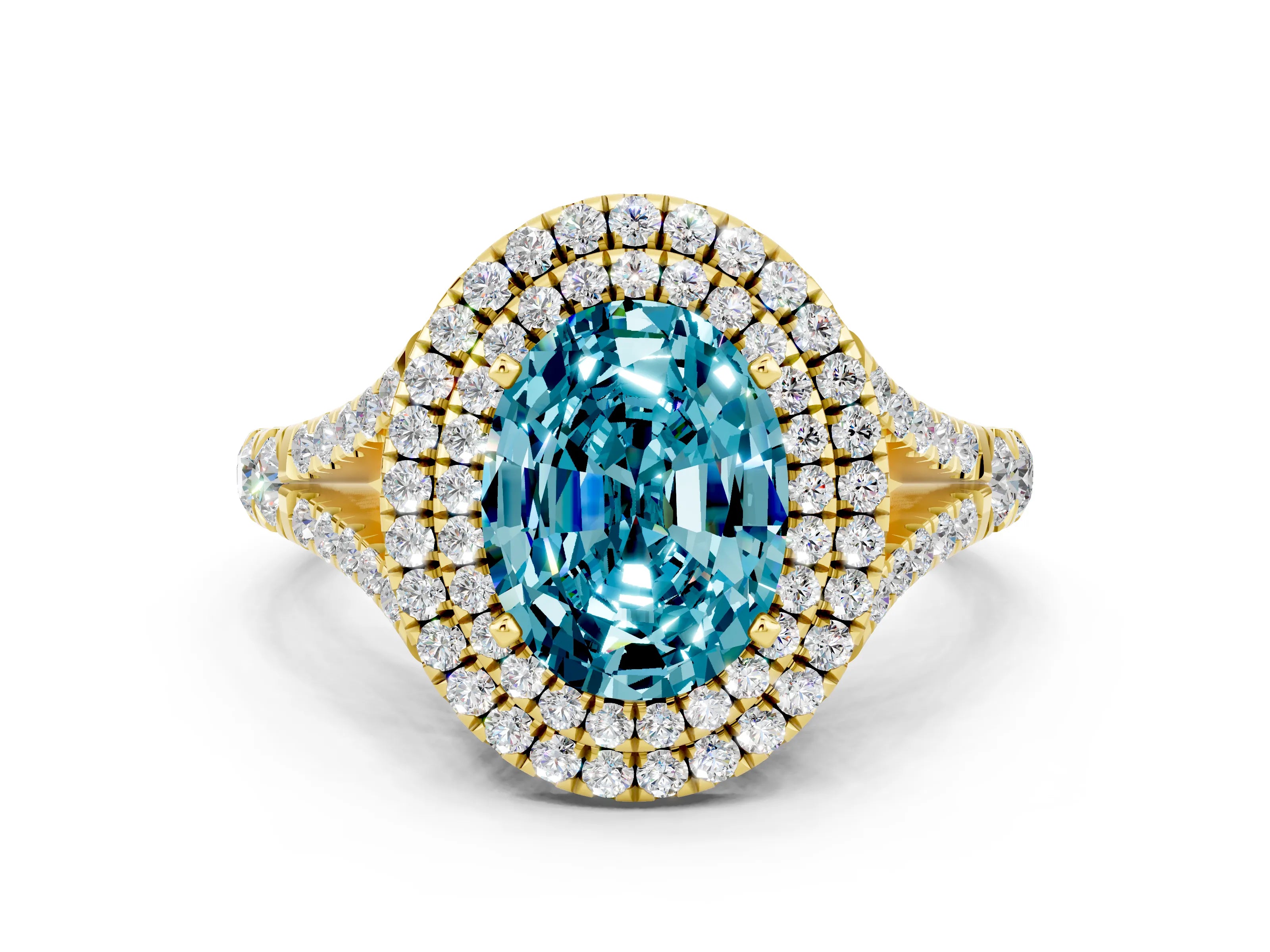 Yellow gold Oval Cut Blue Topaz Pavé Split Shank Double Halo Engagement Ring