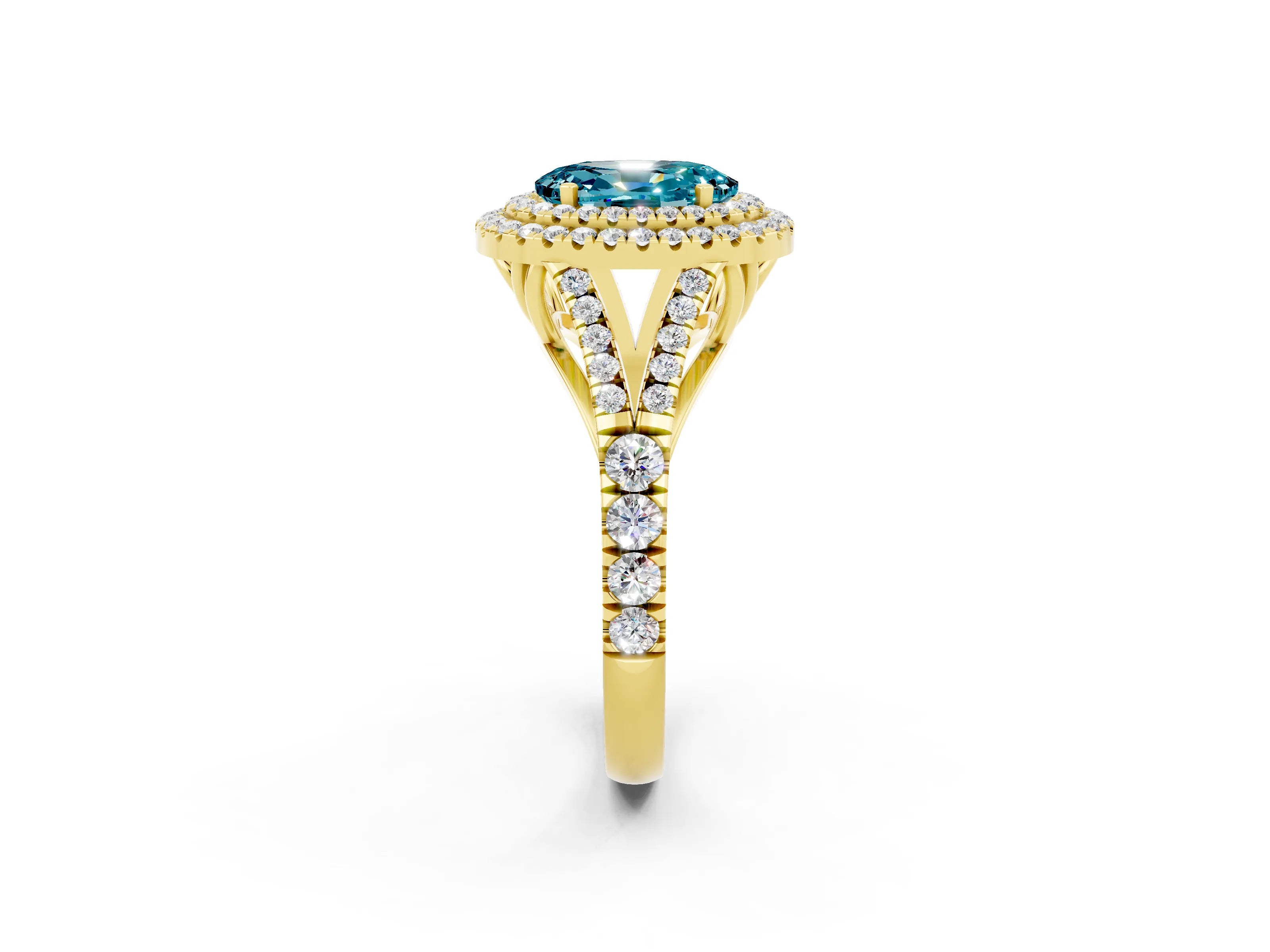 Yellow gold Oval Cut Blue Topaz Pavé Split Shank Double Halo Engagement Ring_2