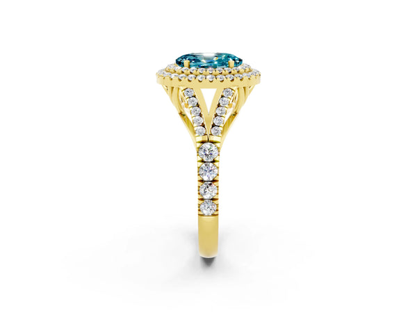 Yellow gold Oval Cut Blue Topaz Pavé Split Shank Double Halo Engagement Ring