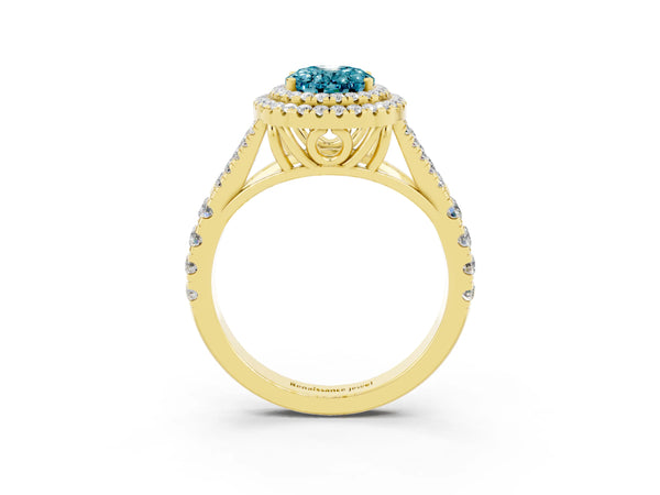 Yellow gold Oval Cut Blue Topaz Pavé Split Shank Double Halo Engagement Ring