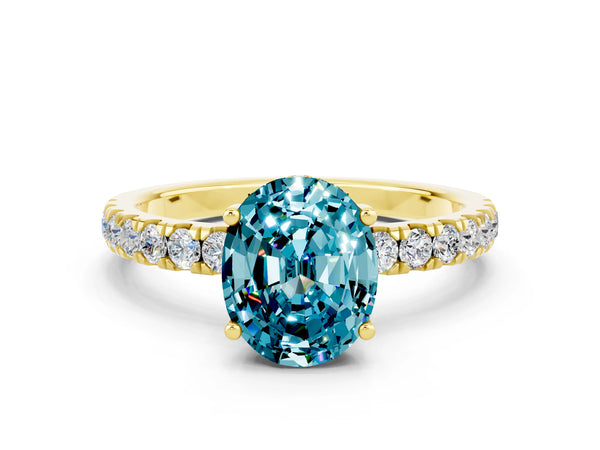 Yellow gold Oval Cut Blue Topaz Pave Band Solitaire Ring with Round  and Prong Setting