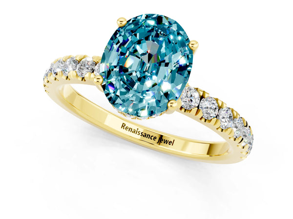Yellow gold Oval Cut Blue Topaz Pave Band Solitaire Ring with Round  and Prong Setting