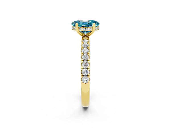 Yellow gold Oval Cut Blue Topaz Pave Band Solitaire Ring with Round  and Prong Setting