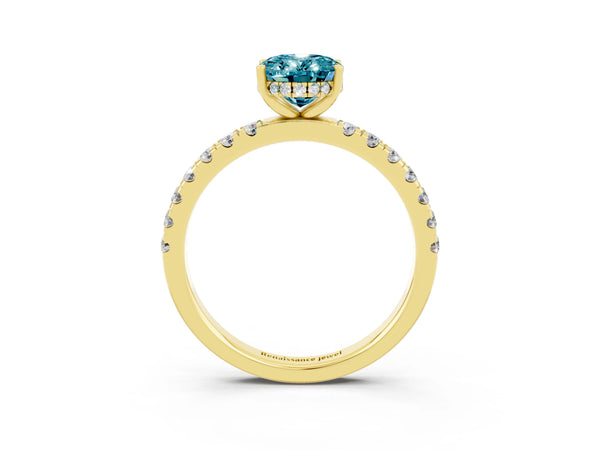 Yellow gold Oval Cut Blue Topaz Pave Band Solitaire Ring with Round  and Prong Setting