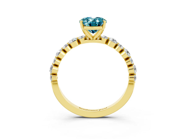 Yellow gold Oval Cut Blue Topaz Prong Set Engagement Ring with Pavé Band