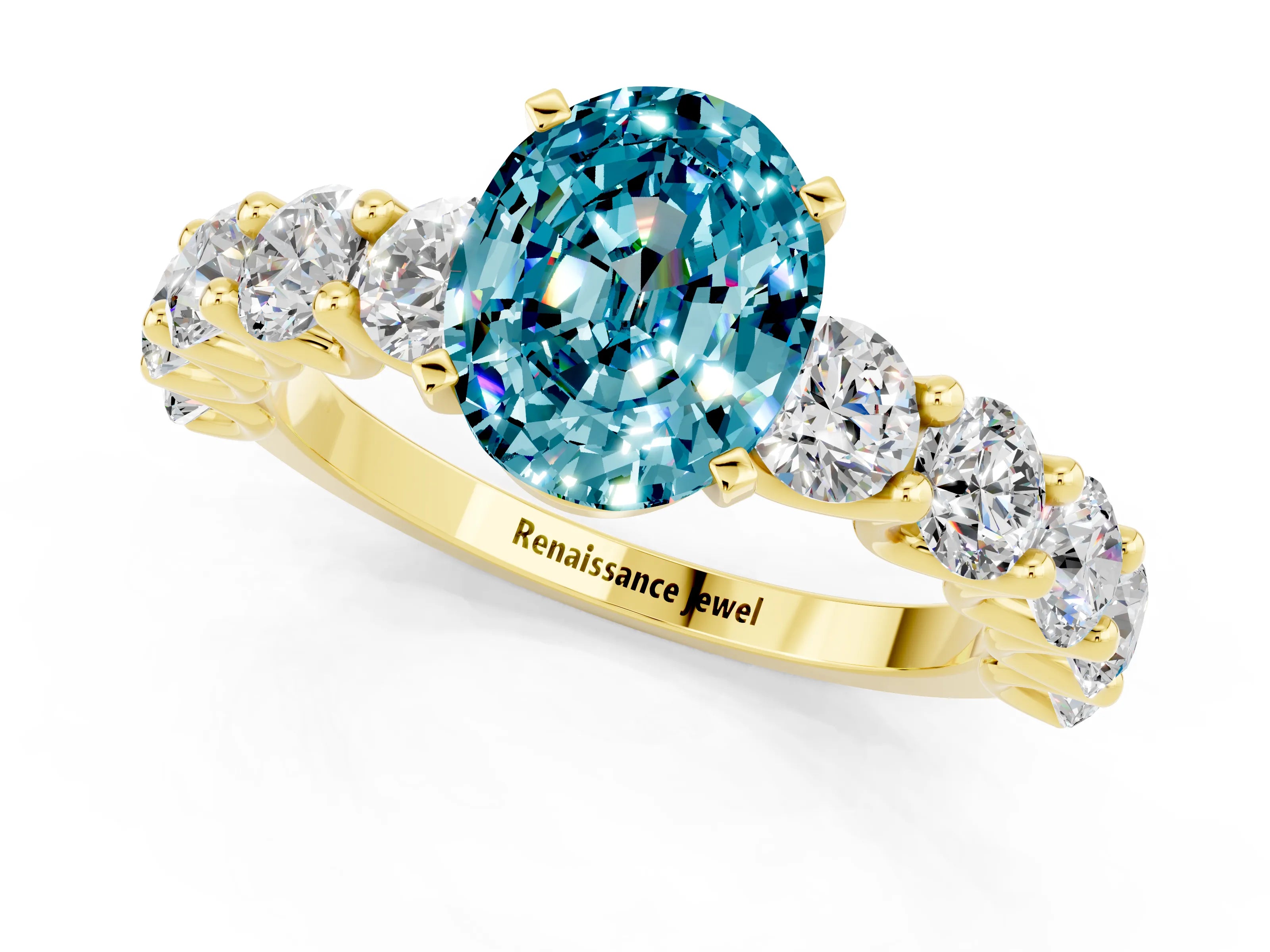 Yellow gold Oval Cut Blue Topaz Prong Setting with Side Stones on a Pave Band_1