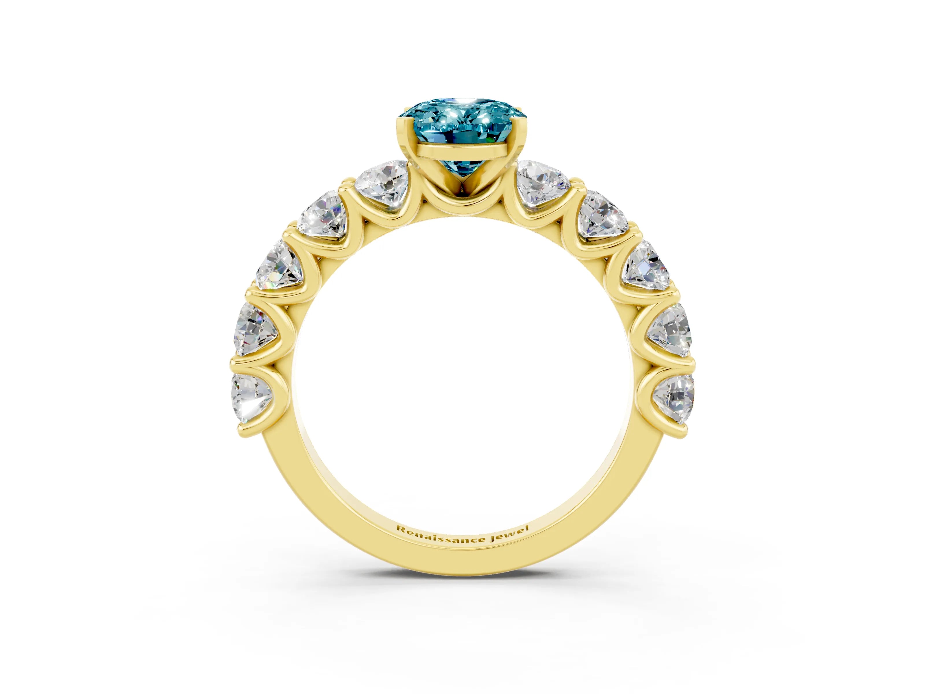 Yellow gold Oval Cut Blue Topaz Prong Setting with Side Stones on a Pave Band_3