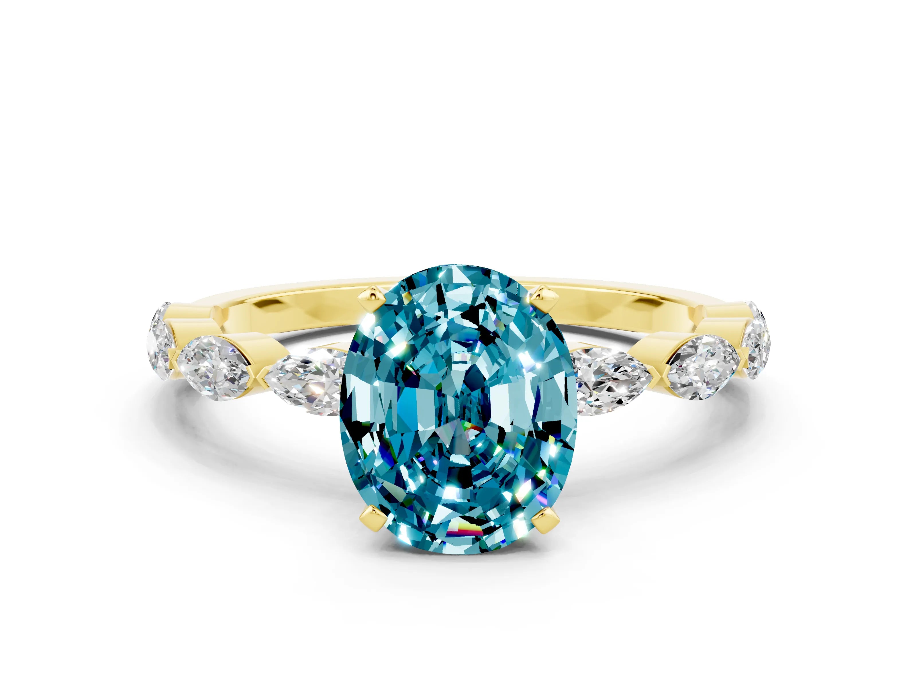 Yellow gold Oval Cut Blue Topaz Ring with Marquise Side Stones and Prong Setting