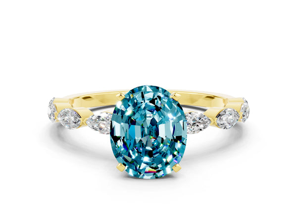 Yellow gold Oval Cut Blue Topaz Ring with Marquise Side Stones and Prong Setting