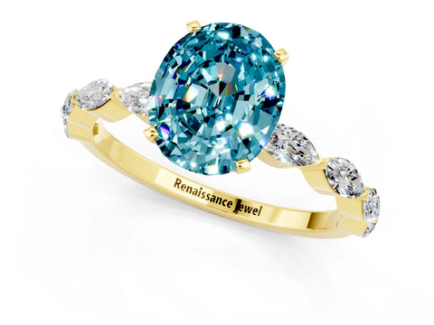 Yellow gold Oval Cut Blue Topaz Ring with Marquise Side Stones and Prong Setting_1