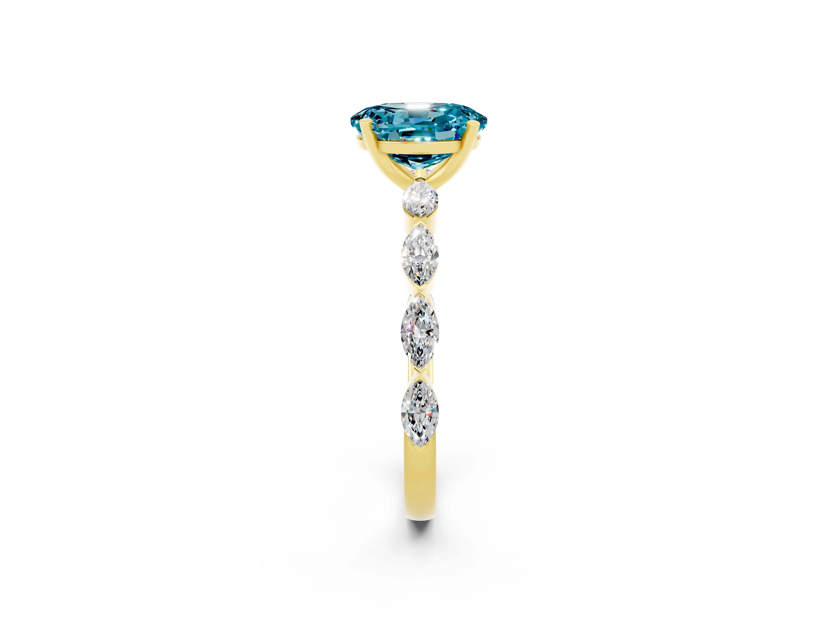 Yellow gold Oval Cut Blue Topaz Ring with Marquise Side Stones and Prong Setting_2