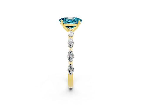 Yellow gold Oval Cut Blue Topaz Ring with Marquise Side Stones and Prong Setting_2