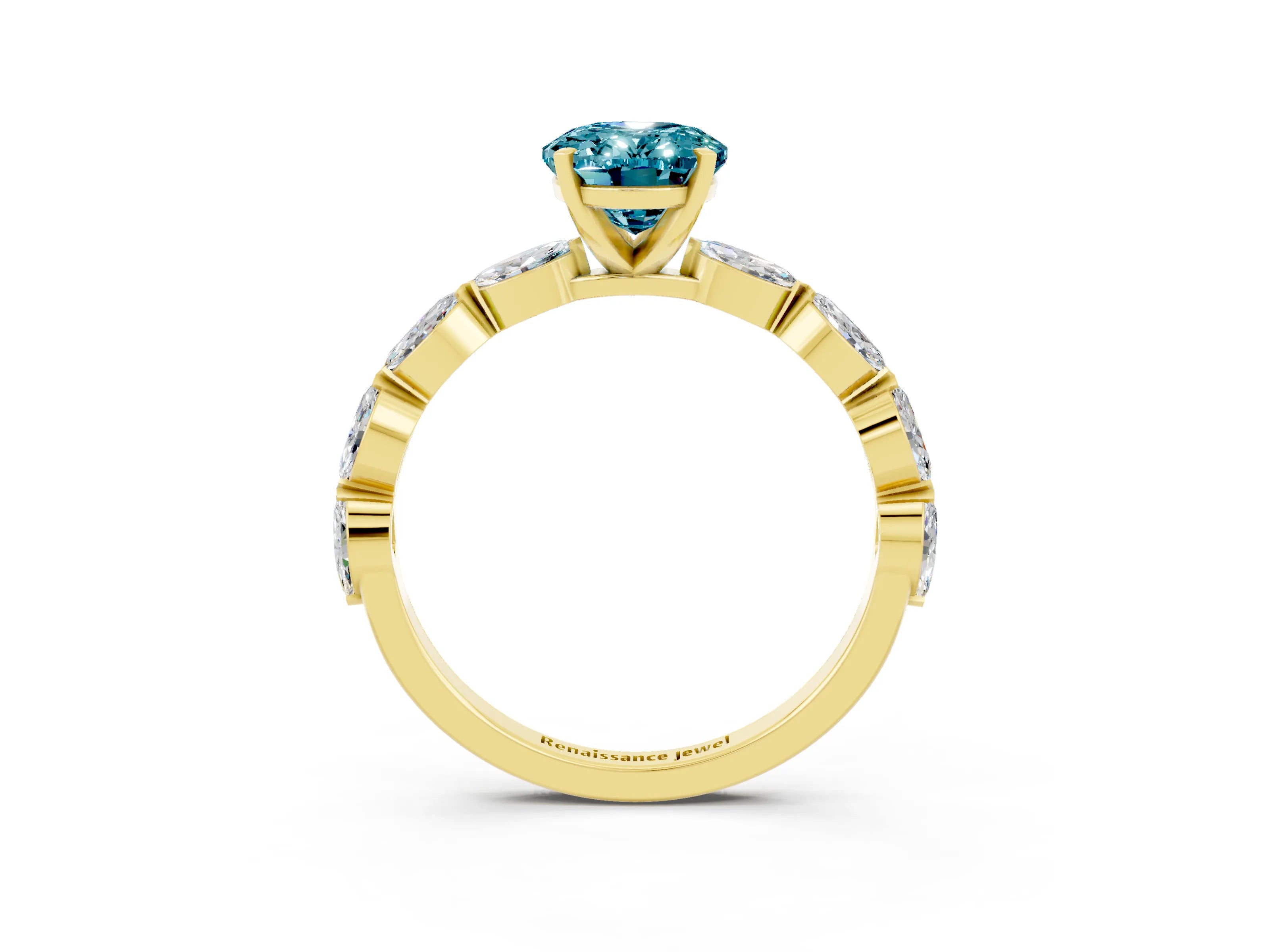 Yellow gold Oval Cut Blue Topaz Ring with Marquise Side Stones and Prong Setting_3
