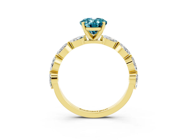 Yellow gold Oval Cut Blue Topaz Ring with Marquise Side Stones and Prong Setting