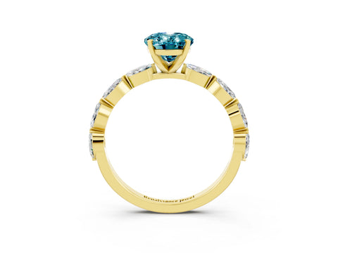 Yellow gold Oval Cut Blue Topaz Ring with Marquise Side Stones and Prong Setting_3